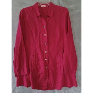 Soft Surroundings Shirt Sz M Coral Pink Button Down Linen Pockets Long Sleeves
